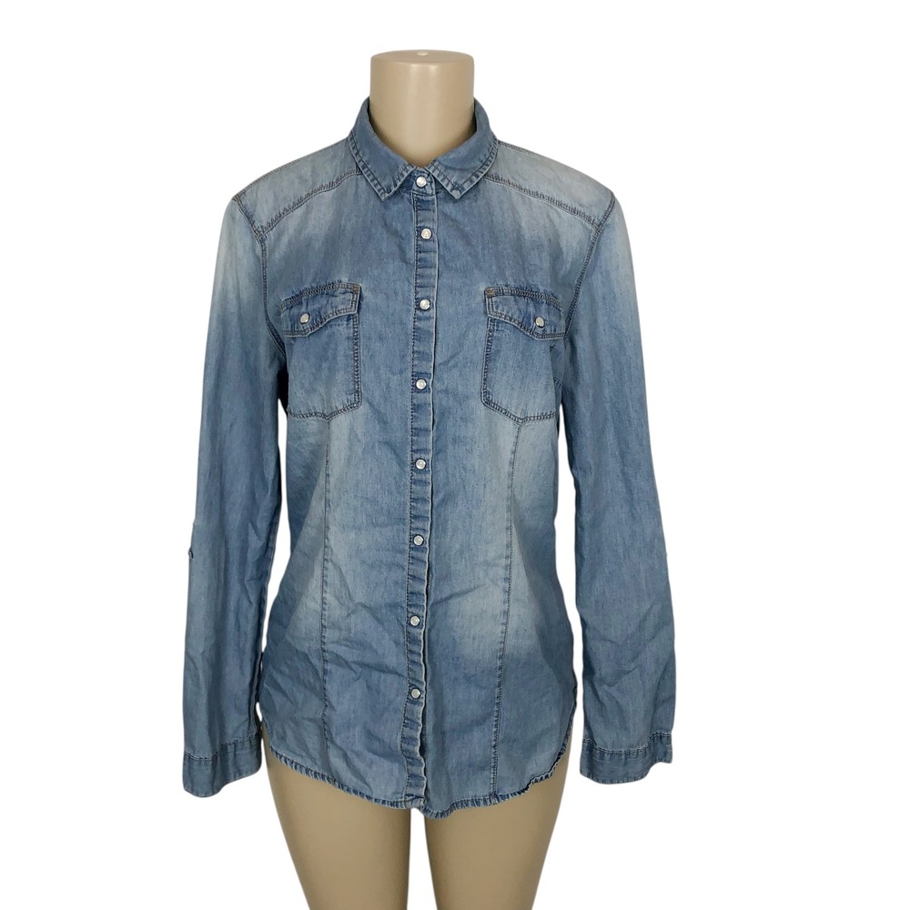 Stradivarius Roll Tab Fitted Denim Pearl Snap Shirt L Light Wash Cowgirl Western